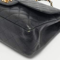 Pre Owned Chanel Black Quilted Caviar Leather Jumbo Classic Double Flap Bag