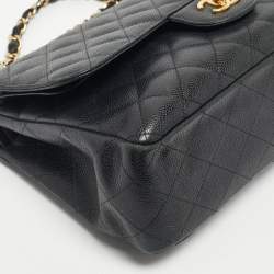 Pre Owned Chanel Black Quilted Caviar Leather Jumbo Classic Double Flap Bag