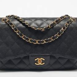 Pre Owned Chanel Black Quilted Caviar Leather Jumbo Classic Double Flap Bag