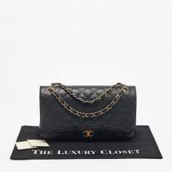Pre Owned Chanel Black Quilted Caviar Leather Jumbo Classic Double Flap Bag