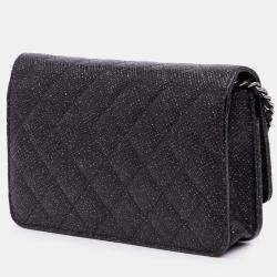 Pre Owned Chanel Black CC Quilted Glittered Calfskin Wallet On Chain