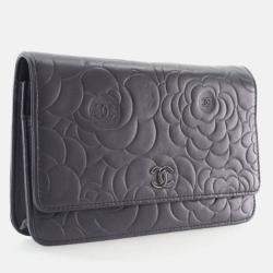 Pre Owned Chanel Camellia Black Lambskin Wallet On Chain