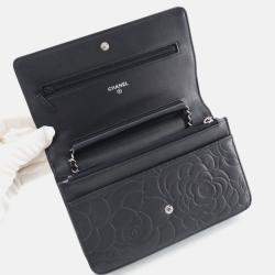 Pre Owned Chanel Camellia Black Lambskin Wallet On Chain