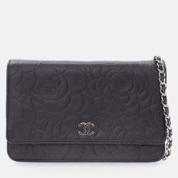 Pre Owned Chanel Camellia Black Lambskin Wallet On Chain