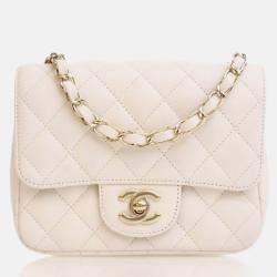 Pre Owned Chanel Mini White Caviar Square Classic Flap Bag