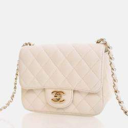 Pre Owned Chanel Mini White Caviar Square Classic Flap Bag