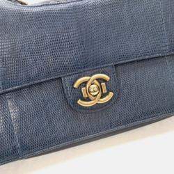 Pre Owned Chanel Perfect Edge Flap Bag Medium Blue Lizard Shoulder Bag