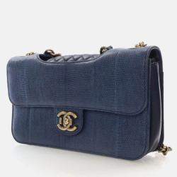 Pre Owned Chanel Perfect Edge Flap Bag Medium Blue Lizard Shoulder Bag