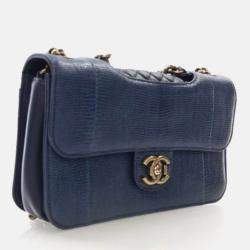 Pre Owned Chanel Perfect Edge Flap Bag Medium Blue Lizard Shoulder Bag
