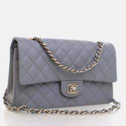 Pre Owned Chanel Classic Double Flap Bag Medium Grey Caviar Leather Shoulder Bag