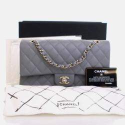 Pre Owned Chanel Classic Double Flap Bag Medium Grey Caviar Leather Shoulder Bag