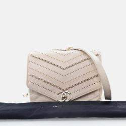 Pre Owned Chanel Chevron Flap Mini Cream Crinkled Calfskin Square Chain Shoulder Bag