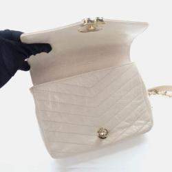 Pre Owned Chanel Chevron Flap Mini Cream Crinkled Calfskin Square Chain Shoulder Bag