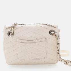 Pre Owned Chanel Chevron Flap Mini Cream Crinkled Calfskin Square Chain Shoulder Bag