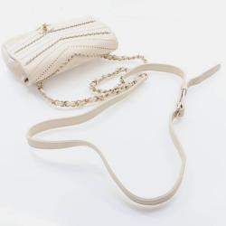 Pre Owned Chanel Chevron Flap Mini Cream Crinkled Calfskin Square Chain Shoulder Bag