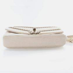 Pre Owned Chanel Chevron Flap Mini Cream Crinkled Calfskin Square Chain Shoulder Bag