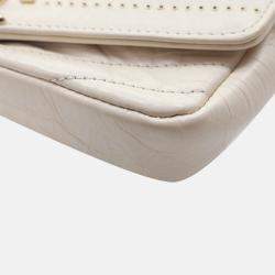 Pre Owned Chanel Chevron Flap Mini Cream Crinkled Calfskin Square Chain Shoulder Bag