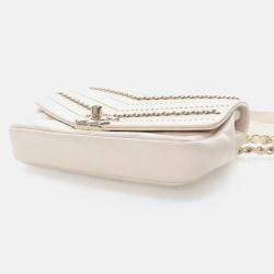 Pre Owned Chanel Chevron Flap Mini Cream Crinkled Calfskin Square Chain Shoulder Bag