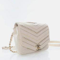 Pre Owned Chanel Chevron Flap Mini Cream Crinkled Calfskin Square Chain Shoulder Bag