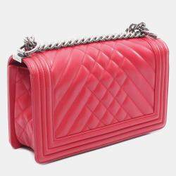 Pre Owned Chanel Red Old Medium Quilted Lambskin Boy Flap Bag