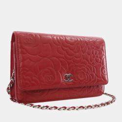 Pre Owned Chanel Red Embossed Lambskin Camellia Wallet On Chain