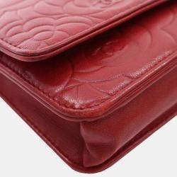 Pre Owned Chanel Red Embossed Lambskin Camellia Wallet On Chain