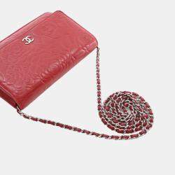 Pre Owned Chanel Red Embossed Lambskin Camellia Wallet On Chain