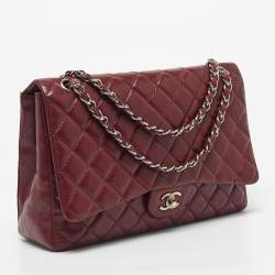 Pre Owned Chanel Dark Red Quilted Caviar Leather Maxi Classic Single Flap Bag