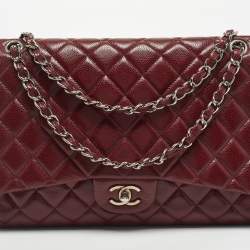 Pre Owned Chanel Dark Red Quilted Caviar Leather Maxi Classic Single Flap Bag