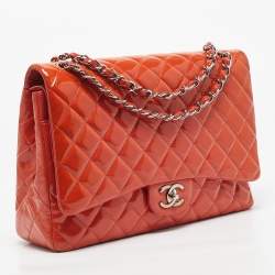 Pre Owned Chanel Orange Patent Leather Maxi Classic Double Flap Bag