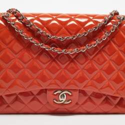 Pre Owned Chanel Orange Patent Leather Maxi Classic Double Flap Bag