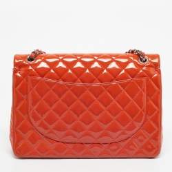 Pre Owned Chanel Orange Patent Leather Maxi Classic Double Flap Bag
