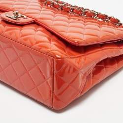 Pre Owned Chanel Orange Patent Leather Maxi Classic Double Flap Bag