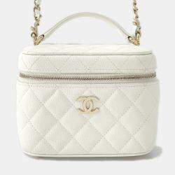Pre Owned Chanel Matelasse Top Handle Small White Caviar Leather Chain Vanity Bag