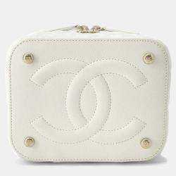 Pre Owned Chanel Matelasse Top Handle Small White Caviar Leather Chain Vanity Bag