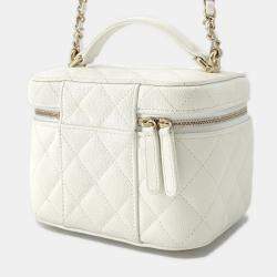 Pre Owned Chanel Matelasse Top Handle Small White Caviar Leather Chain Vanity Bag