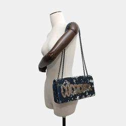 Pre Owned Chanel Coco Cuba Navy Silver Sequins Leather Chain Shoulder Bag