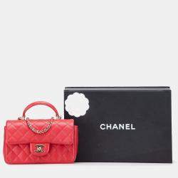 Pre Owned Chanel Red Mini Rectangular Lambskin Top Handle Single Flap