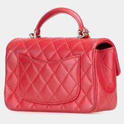 Pre Owned Chanel Red Mini Rectangular Lambskin Top Handle Single Flap