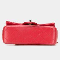 Pre Owned Chanel Red Mini Rectangular Lambskin Top Handle Single Flap