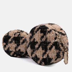 Pre Owned Chanel Brown CC Quilted Tweed and Shearling Round Clutch With Chain