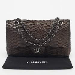 Pre Owned Chanel Dark Brown Python Medium Classic Double Flap Bag