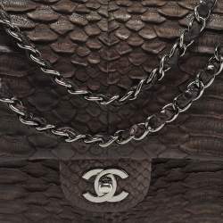 Pre Owned Chanel Dark Brown Python Medium Classic Double Flap Bag