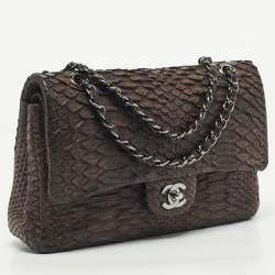 Pre Owned Chanel Dark Brown Python Medium Classic Double Flap Bag