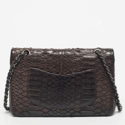 Pre Owned Chanel Dark Brown Python Medium Classic Double Flap Bag