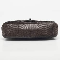 Pre Owned Chanel Dark Brown Python Medium Classic Double Flap Bag