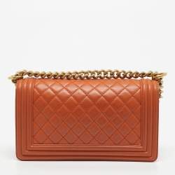 Pre Owned Chanel Orange Quilted Leather Medium Classic Boy Flap Bag