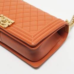 Pre Owned Chanel Orange Quilted Leather Medium Classic Boy Flap Bag
