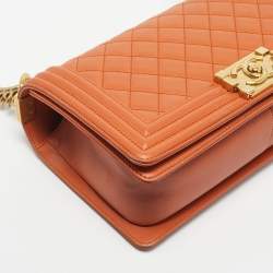 Pre Owned Chanel Orange Quilted Leather Medium Classic Boy Flap Bag