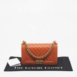 Pre Owned Chanel Orange Quilted Leather Medium Classic Boy Flap Bag